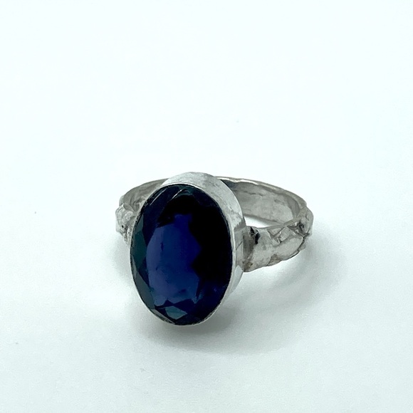 VTG Sterling & Facet Cut Oval Dark Blue Glass Stone Diamond Pattern Band Sz 6.75 - Picture 2 of 10